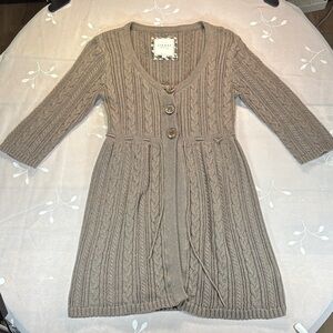 VTG Y2K Babydoll Tan Cable Knit Open Long Sweater Cardigan Cotton Woman Medium